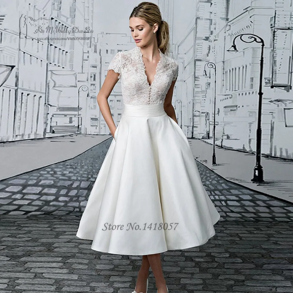 10549 22 De Réductionvintage Courte Robe De Mariée Dentelle Chine Pas Cher Mariée Robes 2017 Vestido De Noiva Curto Cap Manches Thé Longueur