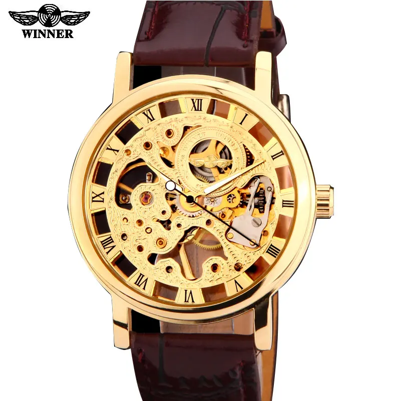 Prix pour 2016 gagnant marque argent gold tone Main de Squelette vent Mécanique Mens hommes montre brun noir cuir artificiel bande mince cas Prix pour 2016 gagnant marque argent gold tone Main de Squelette vent Mécanique Mens hommes montre brun noir cuir artificiel bande mince cas