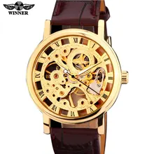 2016 gagnant marque argent gold tone Main de Squelette vent Mécanique Mens hommes montre brun noir cuir artificiel bande mince cas