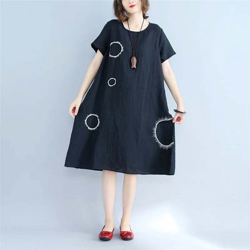 Черное хлопковое льняное винтажное женское повседневное свободное летнее платье размера плюс, элегантная одежда vestidos