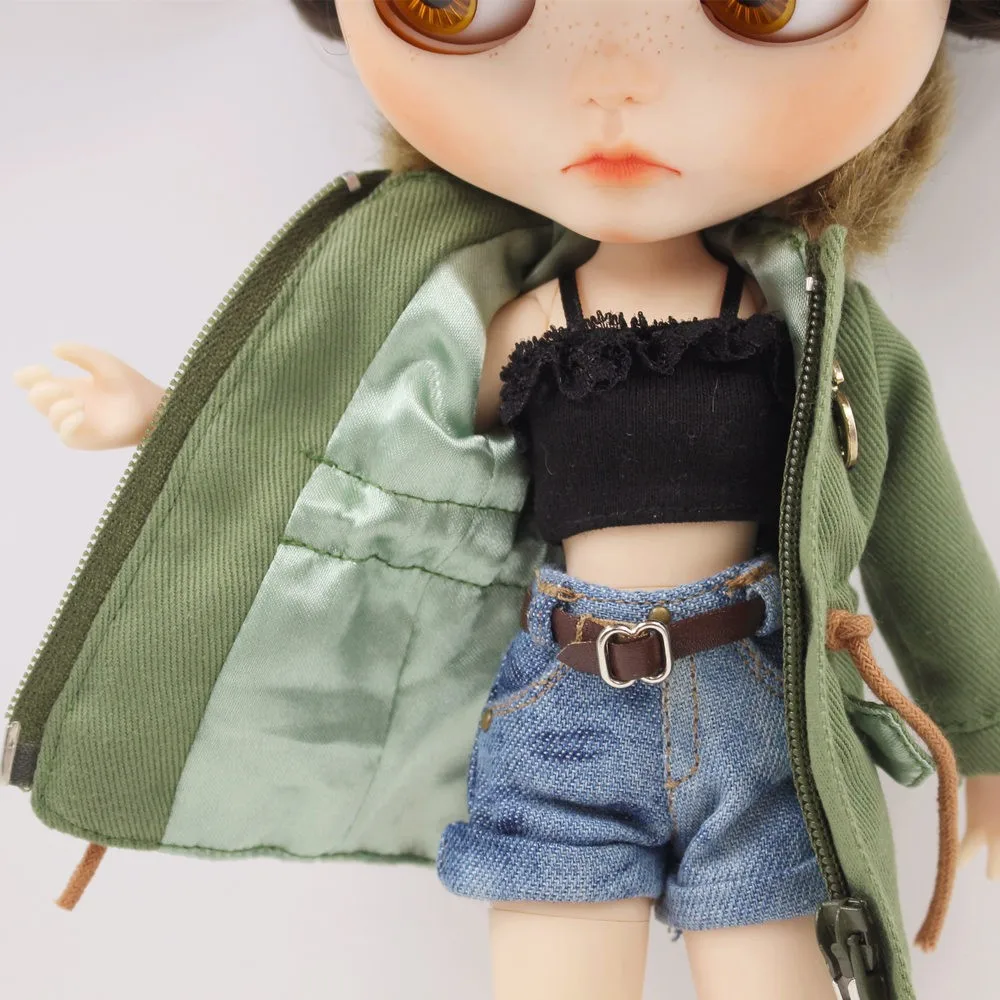 Neo Blythe Doll Denim Shorts Black Lace Bra with Green Army Jacket 8