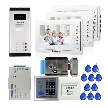 

FREE SHIPPING 7" Video Intercom Apartment Door Phone + 3 Monitors + Outdoor Camera for 3 Family + RFID Access System + E-lock