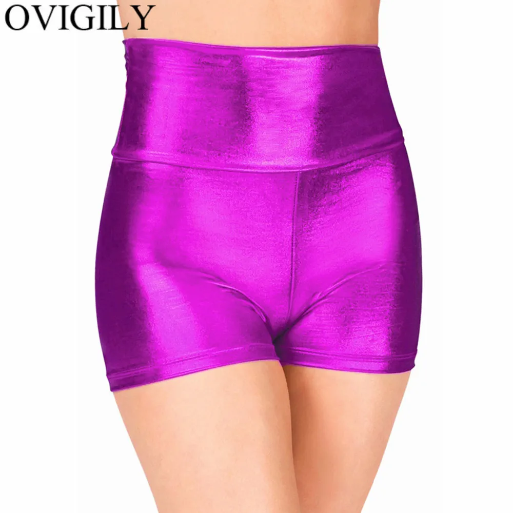 OVIGILY Women Silver High Waist Dance Shorts Metallic Gold Gymnastics Shorts Adult Workout Shorts Girls Stage Performance Bottom hotpants Shorts