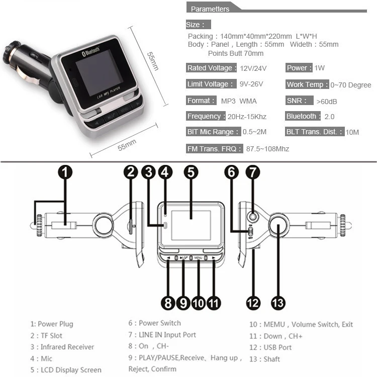 JINSERTA Bluetooth Автомобильный mp3 плеер беспроводной fm-передатчик ЖК-экран Автомобильный комплект USB зарядное устройство Поддержка флешки USB TF линейный вход AUX