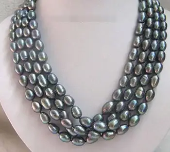 

P3303 - 80" Long 8-9mm natural black baroque rice shape freshwater pearl necklace