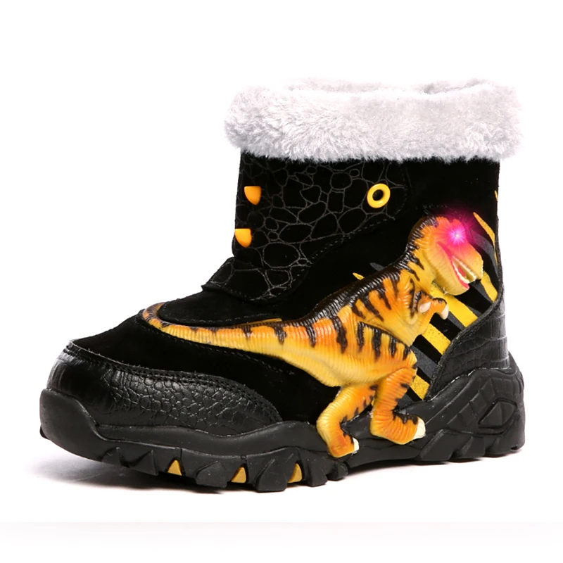 Dinoskulls/зимние ботинки для мальчиков; флисовая детская обувь; светильник; светодиодный 3D Динозавр; спортивные детские ботинки; кожа; теплые кроссовки - Цвет: Черный