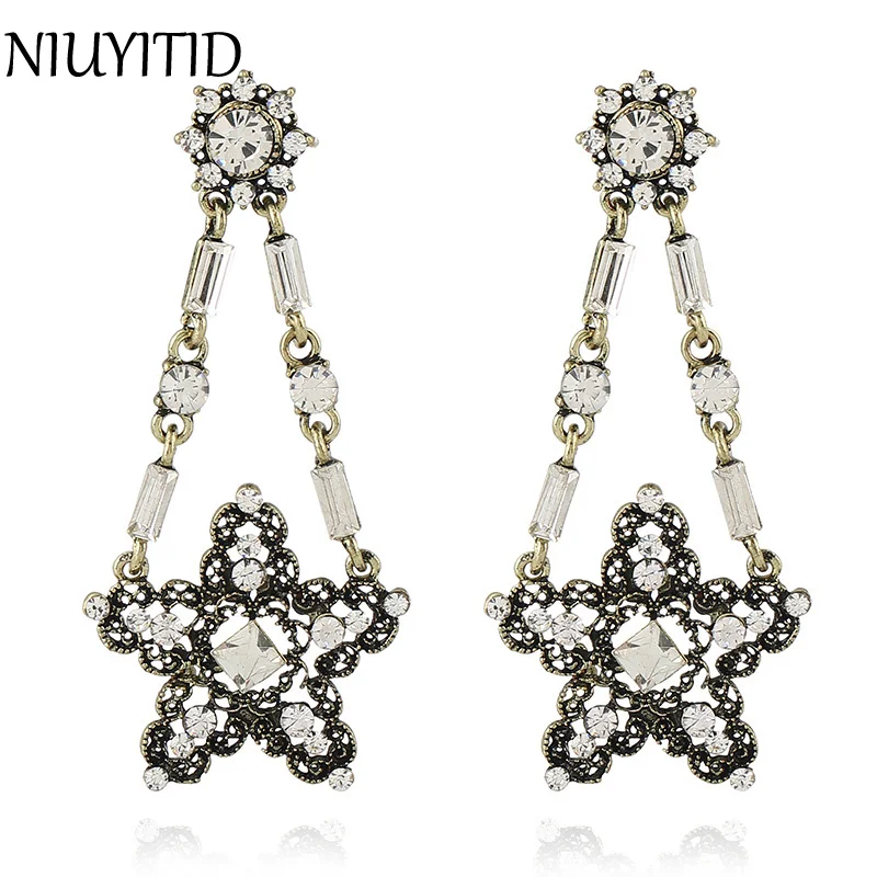 

NIUYITID Vintage Exaggerated Pentagram Crystal Stones Earrings For Women Ladies Antique Gold Color Stud Earrings