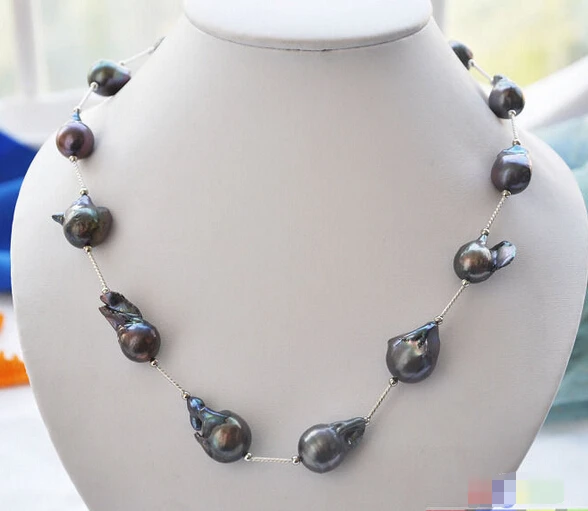 

HOT## Wholesale FREE SHIPPING P4019 20" 20mm black BAROQUE KESHI REBORN PEARL gild drivepipe necklace