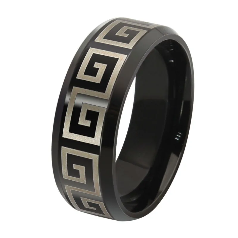 Simple black Great Wall pattern Ring Greek Stainless Steel Rings
