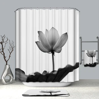 

3D Lotus Shower Curtains Simple Quiet Flowers and Plants Waterproof Mildew Proof Thickened Bath Curtains for Bathroom
