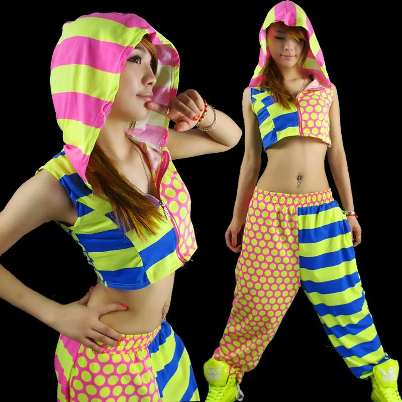 Neon color block ds clothes hiphop hip hop top jazz ds costume female