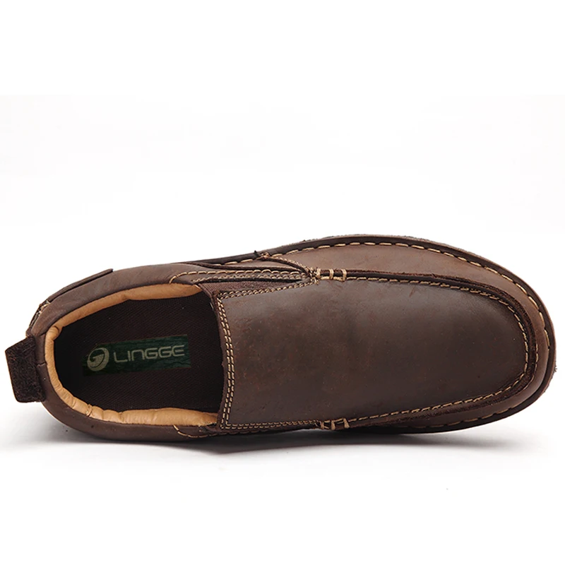 LINGGE Handmade Genuine Leather Men Casual Shoes Fashion Men Shoes Loafers Comfortable Men Leather Shoes Slip On Moccasins