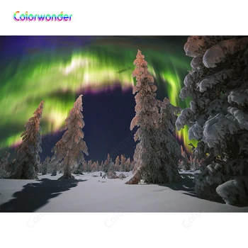 

Colorwonder Vinyl Photography Background High Pine with Snow 7x5ft Green Polar Lights Natual Night Snow Scene Seamless Backdrop