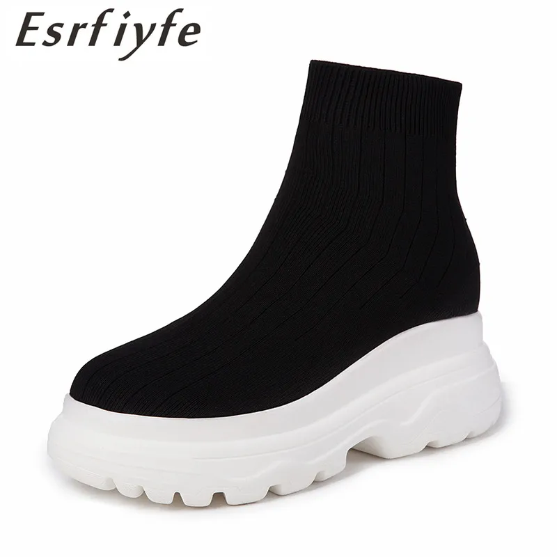 

ESRFIYFE 2019 New Knitting Women Ankle Boots Thick Heel Platform Boots Spring /autumn Short Plush Slip on Flat with Women Boots