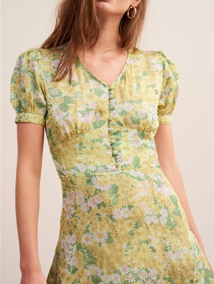 

Green Floral Print Mini DRESS V-neck with buttoned Short Puff Sleeves Fashion Short ROBE DRESS 2019