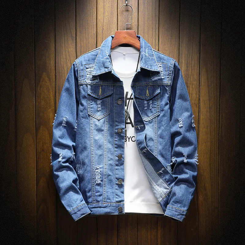 

Fall 2019 new men jacket hole denim jacket youth cultivate one's morality