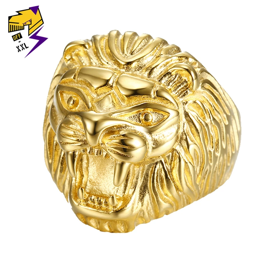 cheap Portonary the King of Lion Ring Gold Color Stainless Steel Carving Cool Leo Rings for Men Women Hip Hop Fashion Jewelry