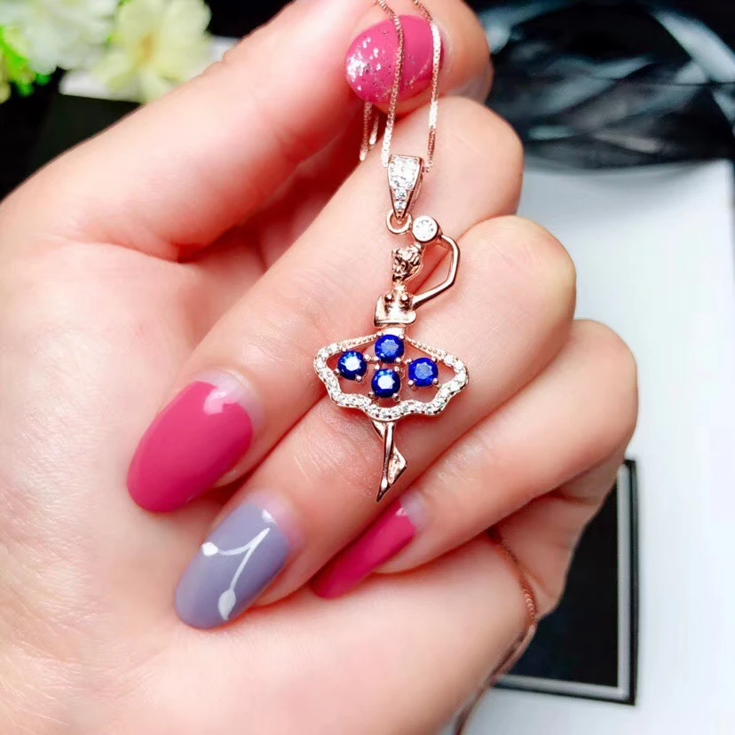 Mode danse fille naturel bleu saphir gemme pendentif colliers naturel pierre gemme pendentif S925 a