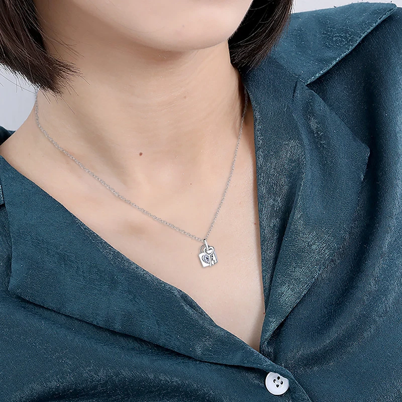 Sinya Sterling silver heart lock and key pendant necklace with sparkly  CZ Cubic zirconia model show