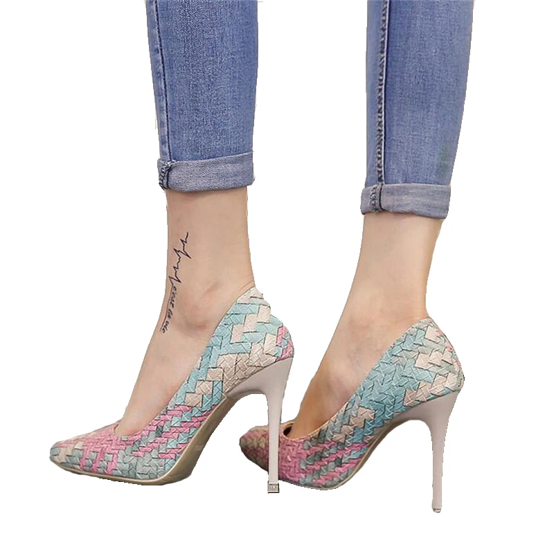 2016 Pumps Woman Shoes spring autumn new national wind retro plaid heels pointed fine with single shoes women Asakuchi career Women's Shoes