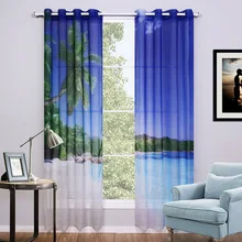 2 pieces/lot 3D voile Curtains beach printed curtain For Bedroom and living room Window Curtain Sheer Curtain