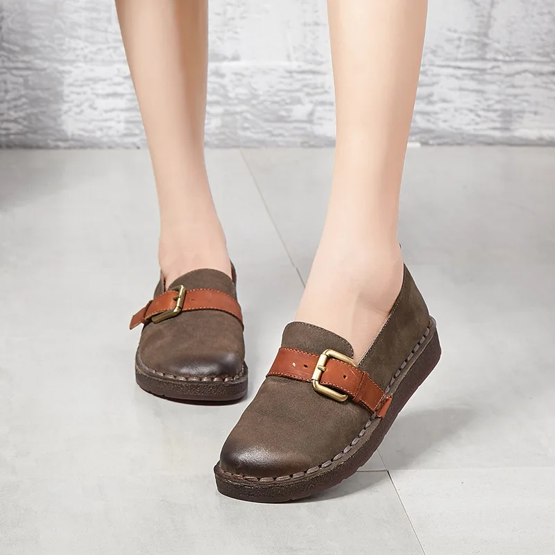 

2019 new retro color matching flat shoes women's leather casual shoes soft bottom deep mouth round women's shoes.