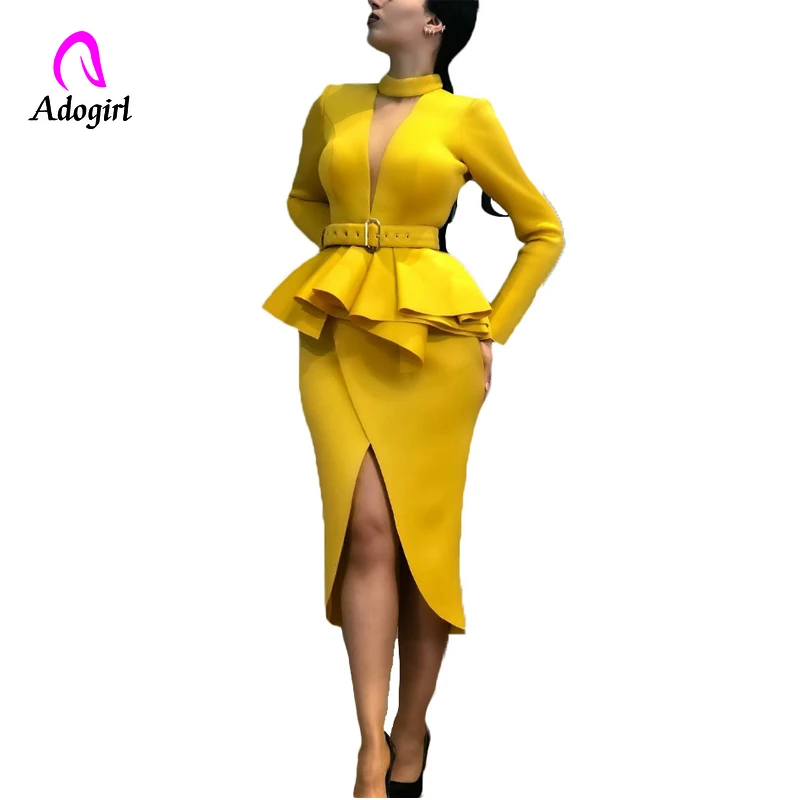 

Elegant Women Long Sleeve Mid-Calf Falbala Asymmetrical Standard-Waist Dress Office Lady Sheath Solid Knee-Length V Neck Dress