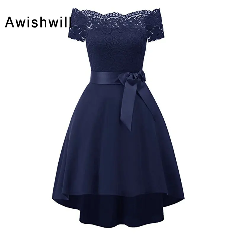 

Navy Blue Vintage Evening Dress for Women With Short Sleeve Boat Neck Lace Satin Simple Party Dress Cheap Customized Plus Size