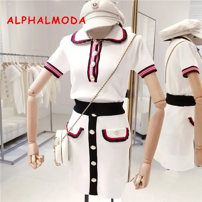 

ALPHALMODA Single-row Button Block Color Turn-collar Short Sleeve Top + High-waist Mini Skirt Knitted Suit for Women 2019 Summer