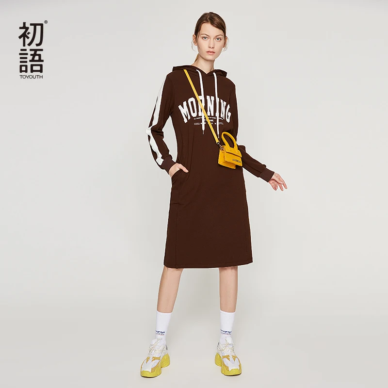

Toyouth Hooded Women Sweater Dress Letter Striped Dress Casual Plus Size Long Dresses Ladies Vestidos Mujer Verano 2019