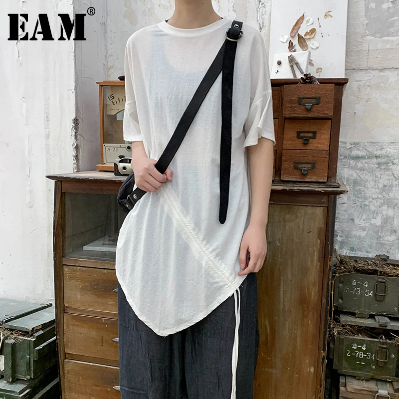 

[EAM] 2019 New Spring Summer Round Neck Short Black Irregular Hem Drawsting Loose Big Size Sleeve T-shirt Women Fashion JU5030