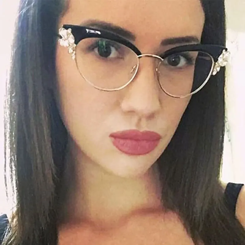 CCSPACE Lady Cat Eye Shiny Rhinestones Glasses Frames For Women Brand Designer Optical EyeGlasses Fashion Eyewear