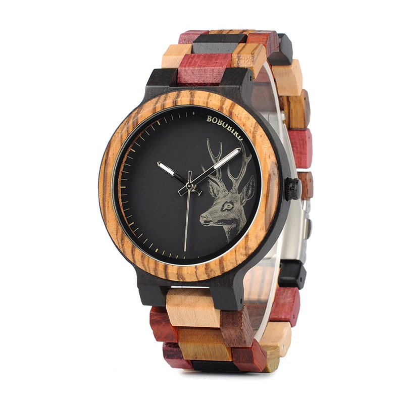 BOBO BIRD P14-2 Deer Collection Wood Watches Date and Week Display Quartz Men Watch with Unique Mixed Color Wooden Band