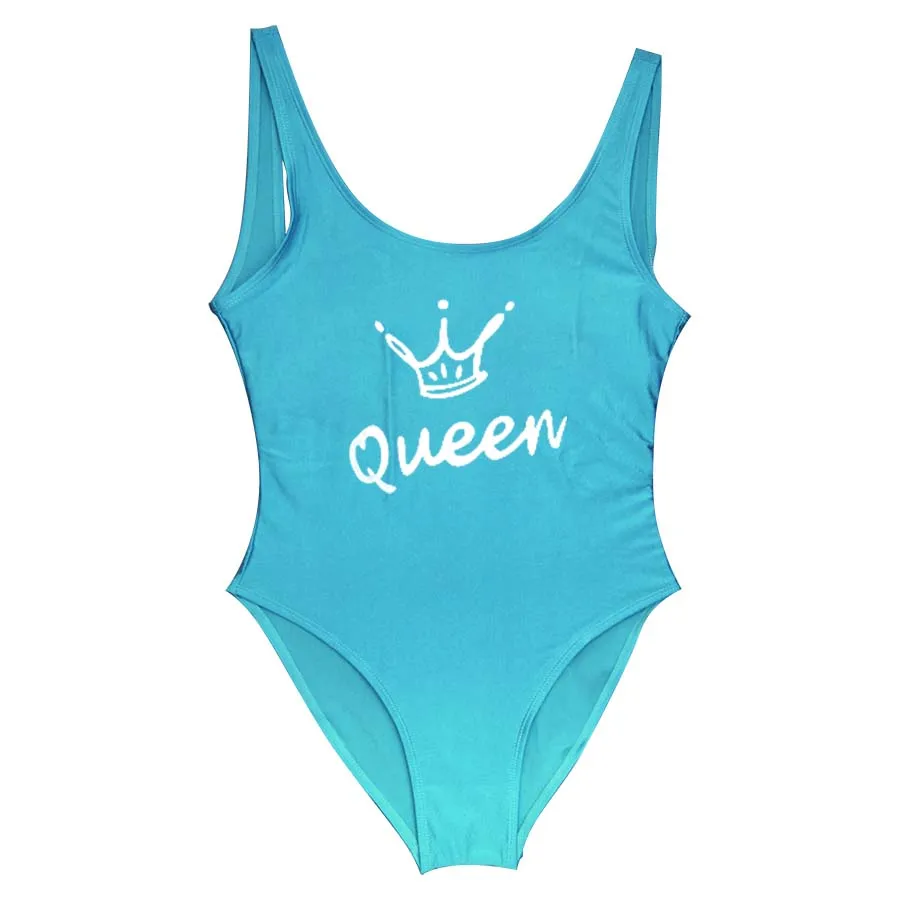 Женский Цельный купальник с надписью «queen Crown», сексуальный купальник-стринги, цельный купальный костюм, женская одежда для плавания, комбинезон, Badpak - Цвет: light blue
