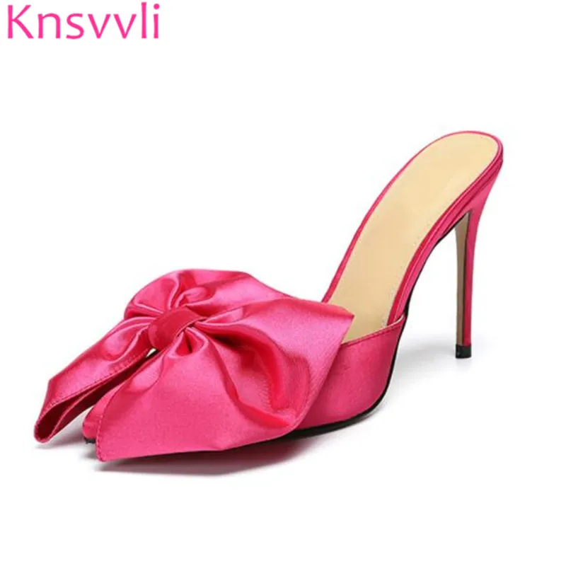 

Knsvvli pointed toe rose red satin thin high heels slippers woman bowknot stiletto fashion elegant mules heels women summer
