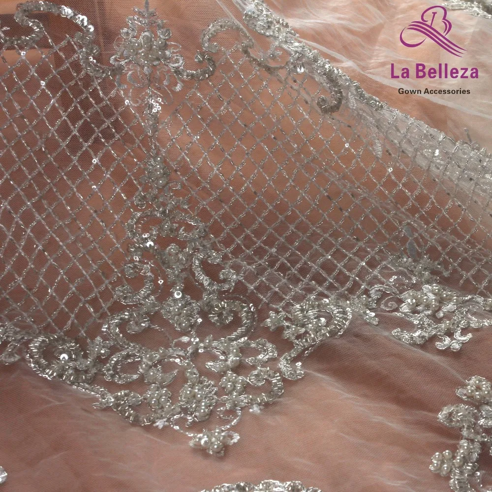 La Belleza Серебряная вышитая бисером кружевная ткань невесты ручной работы из бисера 1 ярд