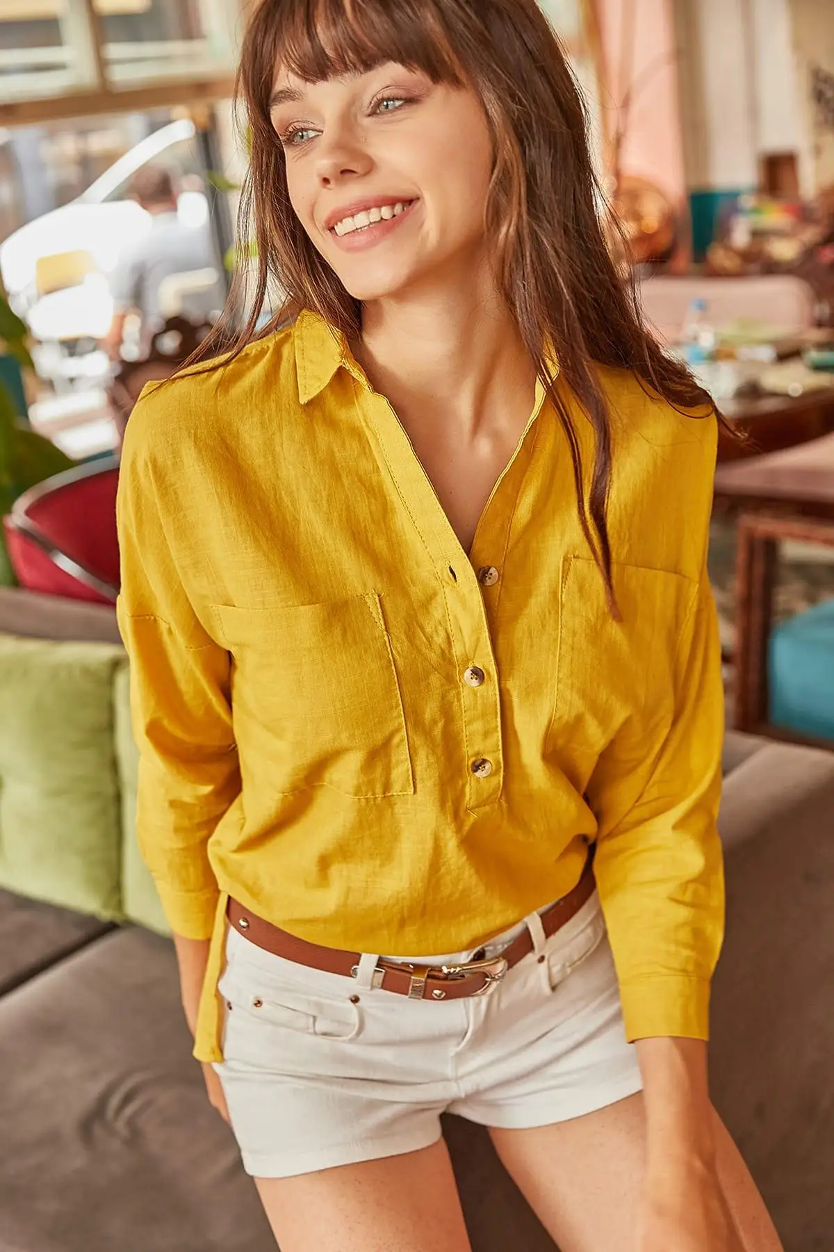 Ola para mujer de color mostaza 3 botones camisa cuello BLZ 19000272| Blusas y camisas| - AliExpress