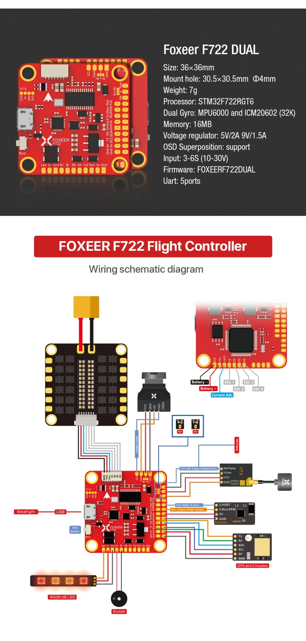 F722 полетный контроллер схема Foxeer F722 AIO STM32F722RGT6 F722DUAL Контроллер полета встроенный двойной Гиро
