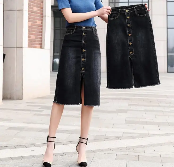 

Spring and summer new high waist denim skirt large size long section skirt black slim split bag hip skirt