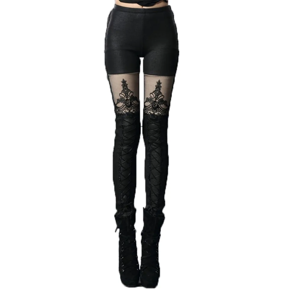 

DEVIL FASHION Punk Slim Fit Women Leggings Sexy Stretch Stripe Cotton Black Pants Lace-up Long Skinny Leggings