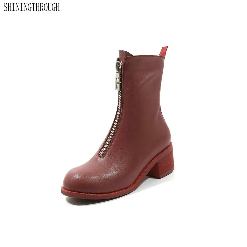 Beste 100% Koe lederen Vrouwen enkel westerse laarzen vrouw 3 cm lage laarzen dames casual schoenen vrouw herfst winter laarzen zwart rood wit