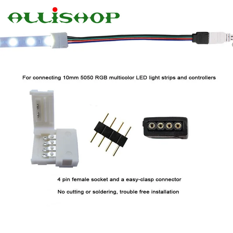 ALLiSHOP, 1 шт., 15 см, 5050 RGB, 4 pin, Светодиодная лента, светильник, соединители для подключения к адаптеру питания, 4 проводника, 10 мм, Широкий разъем