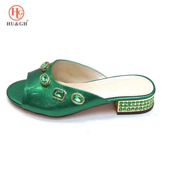 

2019 New Arrival Italian Shoes To Match Wedding Green Color African Wedding Slipper Shoe Without Bag Set Sandals Shoes for Party