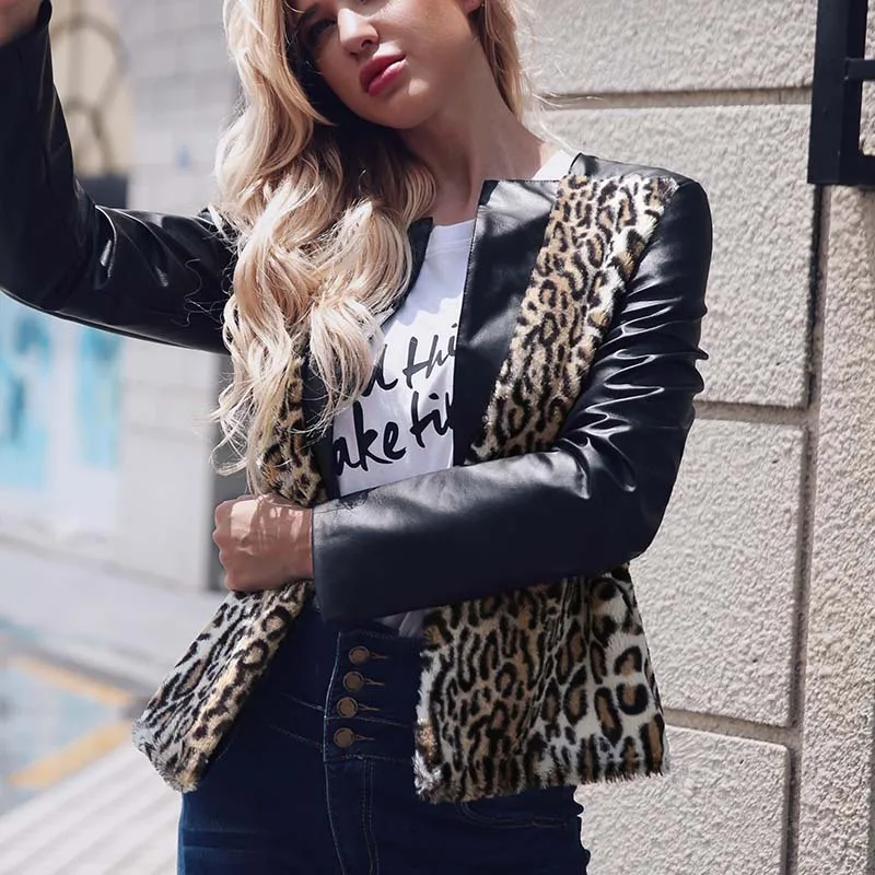 

Women Winter Fur Patchwork Leopard Leather Jacket PU Long Sleeve Sexy V Neck Casual Faux Fur Coat Elegant Outwear Female 6Q2079