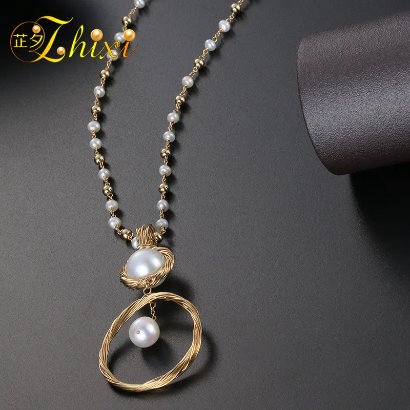 

ZHIXI Long Pearl Necklace Women Fine Jewelry Natural Freshwater Pearl Necklace Double Layer Party Gift New Trendy Circle X329