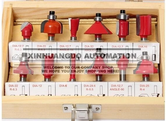 

12PCS 1/4"(6.35mm) Shank Tungsten Carbide Router Bit Set Wood Woodworking Cutter Trimming Knife Forming Milling Wood Case box