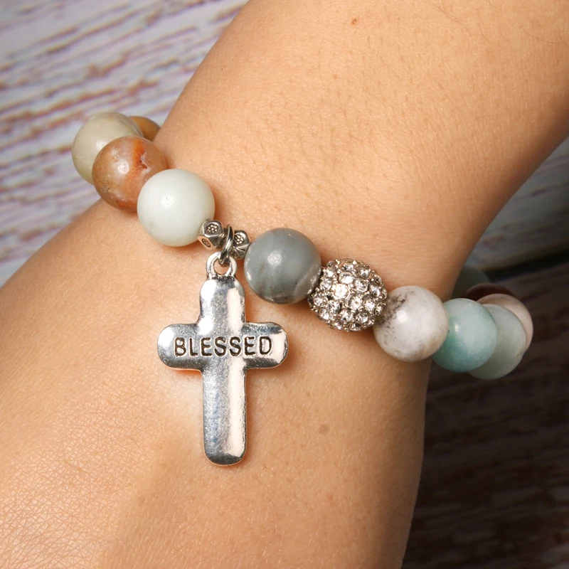 MOON GIRL Cross Blessed браслет 10 мм Амазонит из бисера эластичный шик дружбы шар с гравировкой браслеты для женщин дропшиппинг