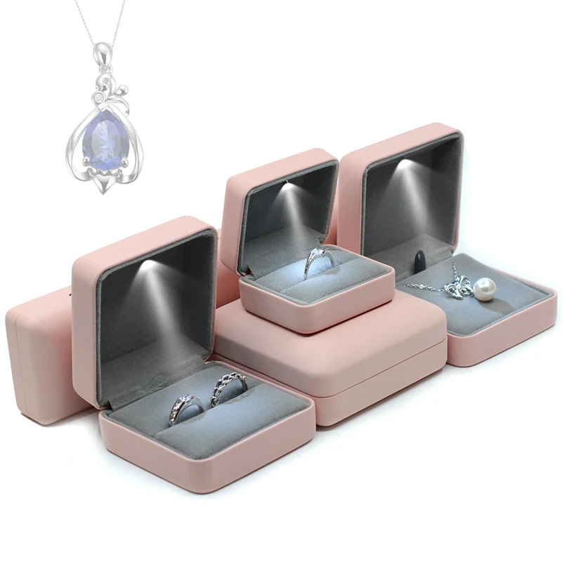 LED Jewelry Box High-end Wedding Square Ring Earrings Bracelets Necklaces Gift Organizer Leather Storage Box