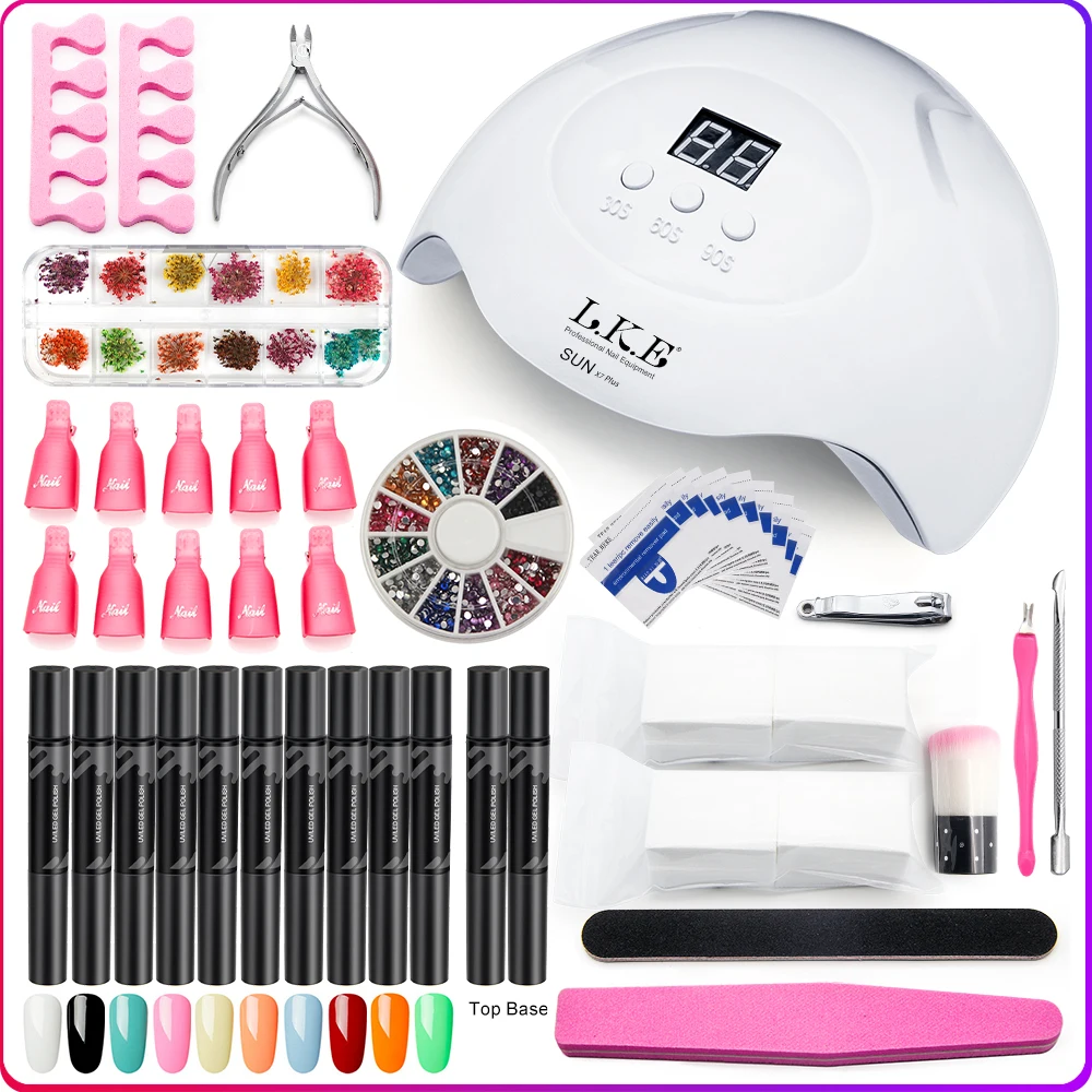 LKE Manicure Set For Beginner's 12pcs Semi-permanant Nail Gel Pen Manicure Set 15 LEDs Nail lamp Na