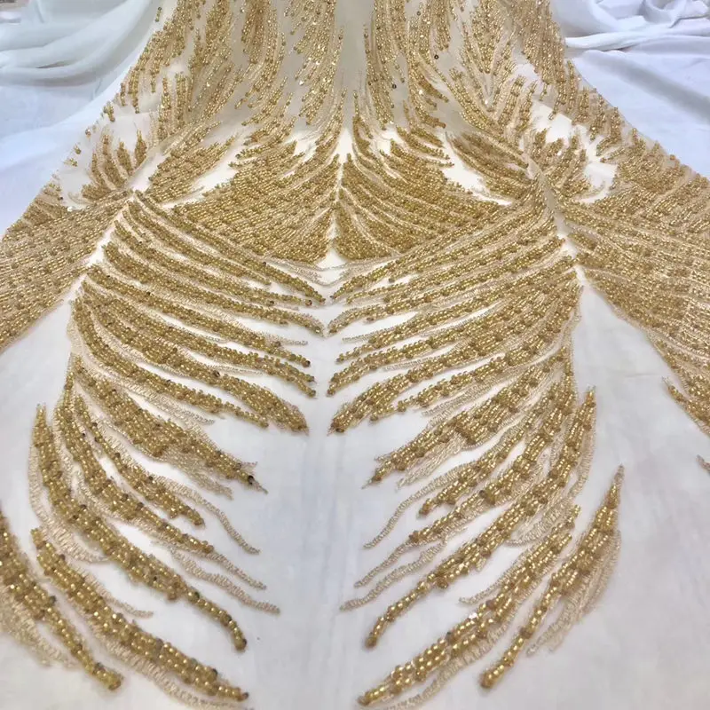 

heavy beaded lace fabric handmade french net lace 2019 gold color bridal lace fabric dentelle tissu 5yard/lot QG669